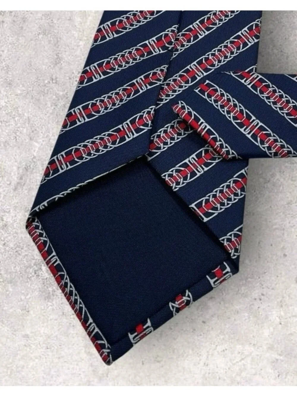 HERMÈS 5402 OA Silk Tie FRANCE Navy Red White Striped Chain W:3.7" EUC - Picture 5 of 6